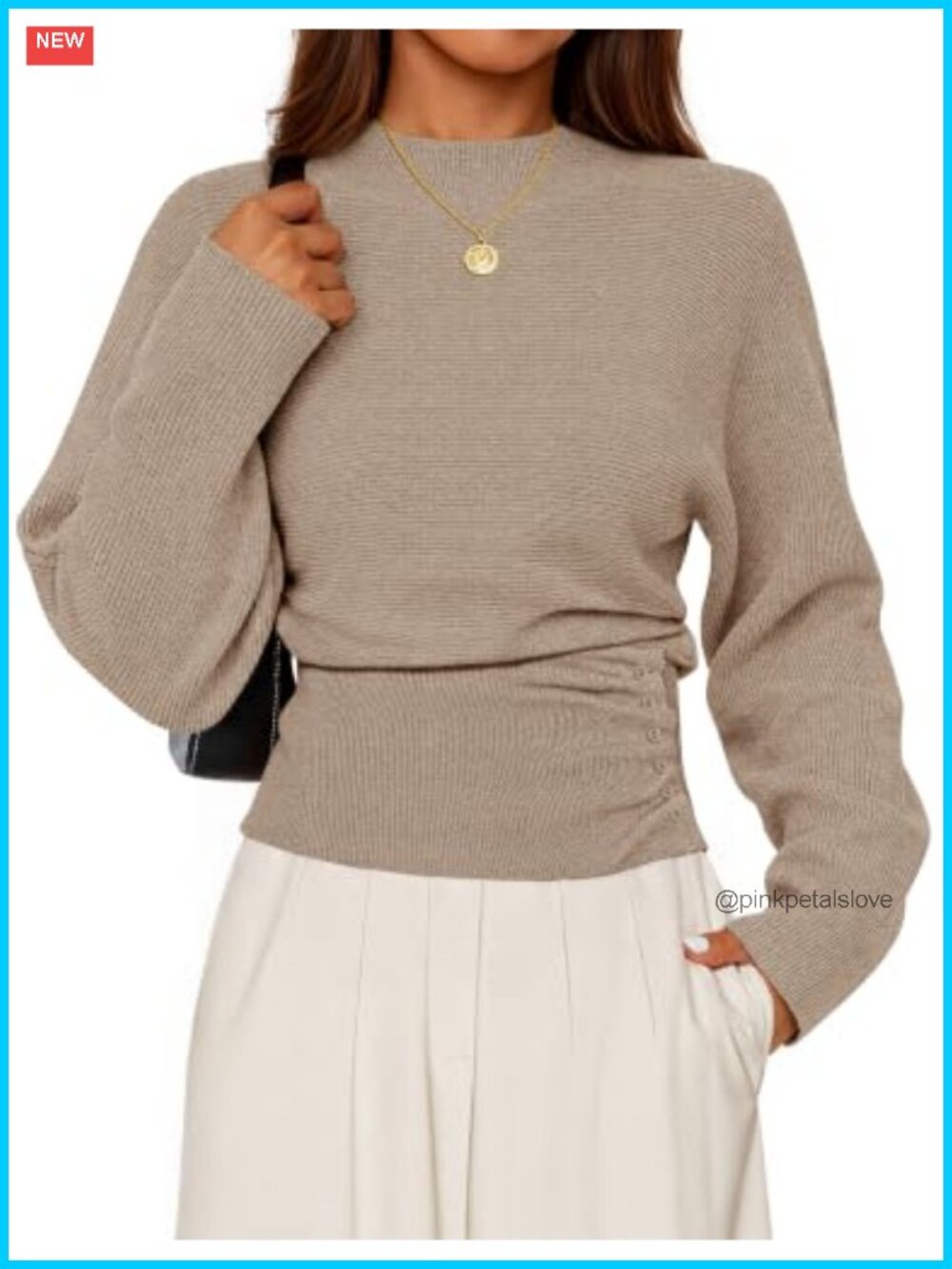 Mock Neck Batwing Sleeve Pullover Sweater Cinched Waist Knit Top